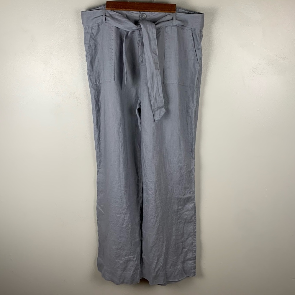 Adrienne Vittadini Pants Women’s Size 10 100% Linen Wide Leg Gray Pockets Sash